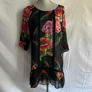 Moulinette Soeurs Black Floral Silk Tunic with Pink & Green Print
